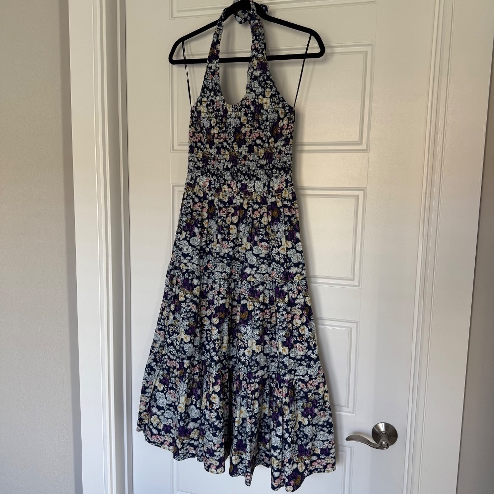 LES RÊVERIES Midi Dress Halter-Neck Floral Print Shirred Bodice 100% Cotton Sz 2 - Picture 9 of 14